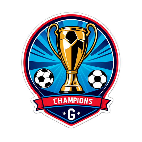 Трофей Лиги Чемпионов среди стилизованных футбольных мячей и командных постеров