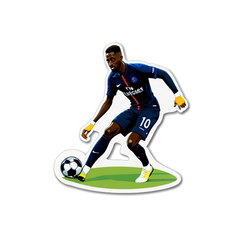 Autocollant illustré de Dembélé dribblant un football avec un fond de Paris