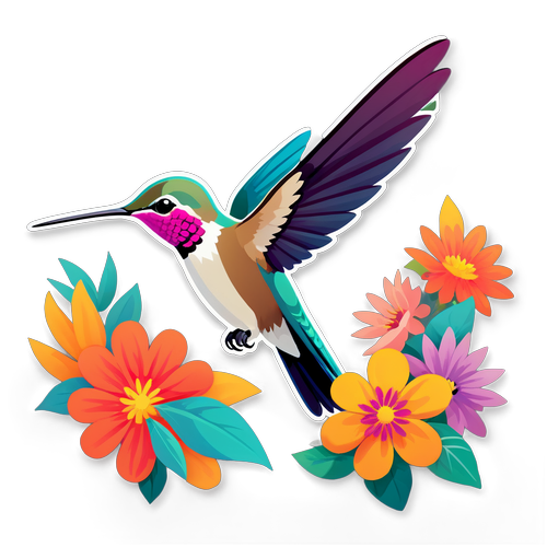 Elegant Hummingbird with Vibrant Flowers Sticker