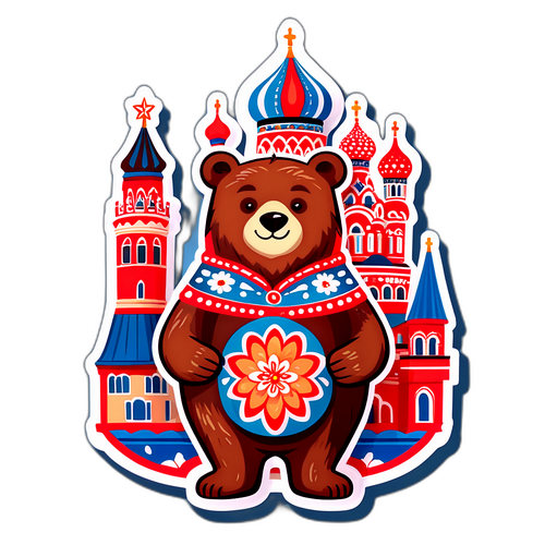 एक प्यारा रशियन भालू का स्टिकर, जो पारंपरिक मात्र्योश्का गुड़िया पकड़े हुए है