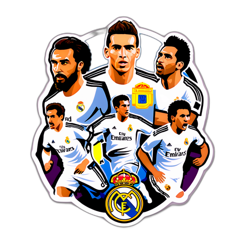 מדבקה עם סמלים איקוניים של ריאל מדריד ושחקנים אגדייים