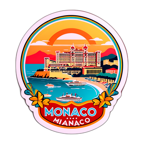 Vintage Postcard-Style Sticker of Monaco’s Casinos and Beaches