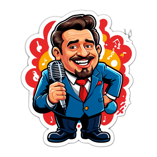 Miklós Rosta karikatúrája mikrofonnal