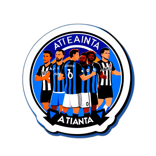 Дизайн наклейки з гравцями Аталанти та Атлетіка на фоні стадіону з яскравими фанами