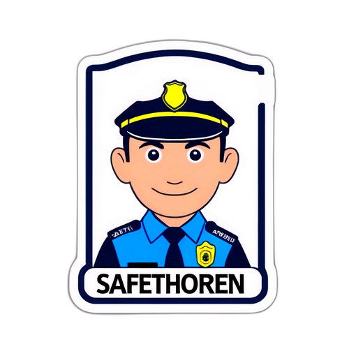 Sticker van een vriendelijke politieagent met de tekst 'Safety first - Ganshoren'