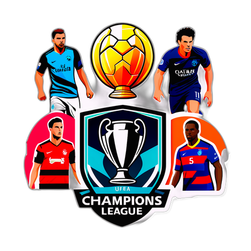 Ilustrace samolepek s trofejemi UEFA Champions League a fotbalovými hráči v akci