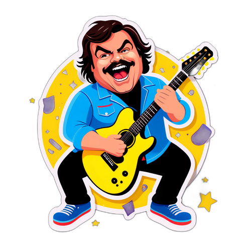 Μία εκκεντρική αυτοκόλλητη ετικέτα του Τζακ Μπλακ να παίζει ηλεκτρική κιθάρα