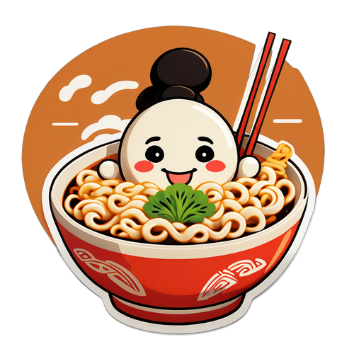 幸せのうどん：香り高い麺を抱える笑顔のキャラクター！