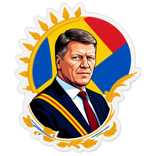 Autocolant Klaus Iohannis cu simboluri românești