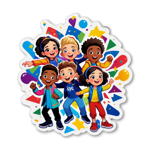 Wesoły sticker z postaciami Junior Eurovision tańczącymi i śpiewającymi