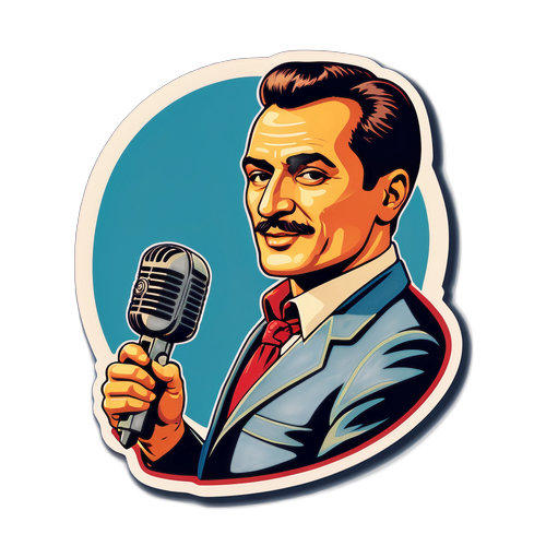 Autocolant retro cu Horia Moculescu și microfon vintage