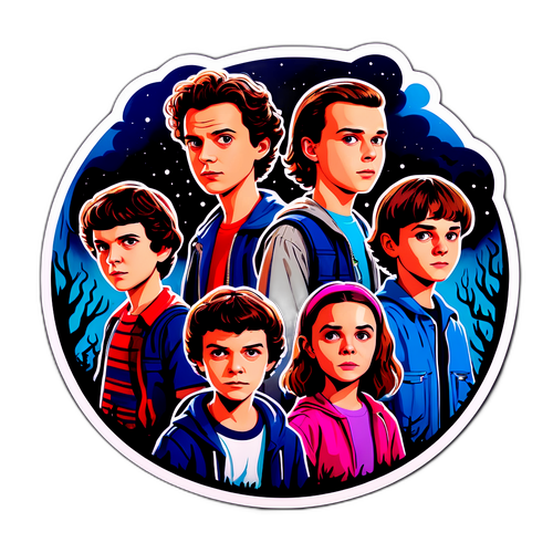 Стикер с персонажами из серии 'Stranger Things' в анимационном стиле с мистическими элементами