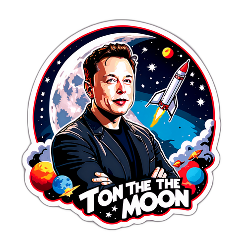Een sticker van Elon Musk met raketten en sterren, onder de slogan 'To The Moon!'