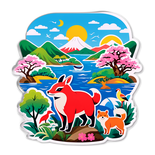 千葉県の風景を背景にしたカラフルな地元の動植物のステッカー