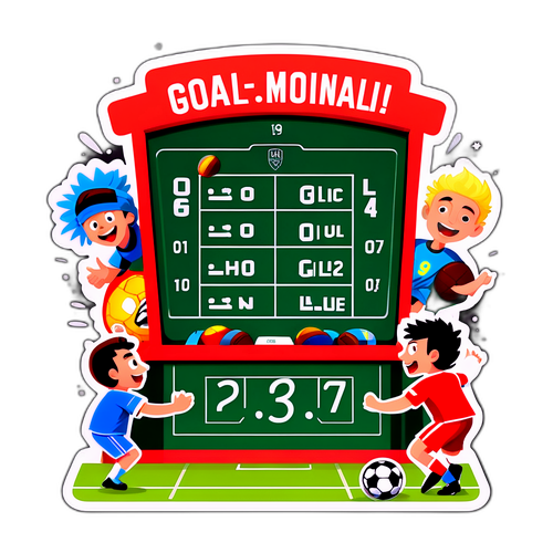 Веселе ставлення до табло з анімованими персонажами, які святкують гол у захоплюючому футбольному матчі