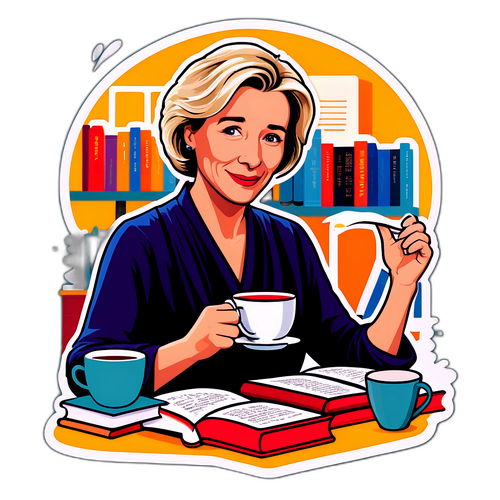 Emma Thompson med bøker og te