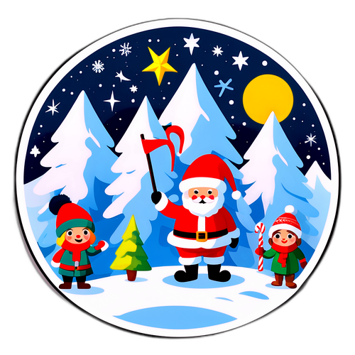 Стикер, отражающий дух праздника 24 декабря с зимними пейзажами и забавными персонажами