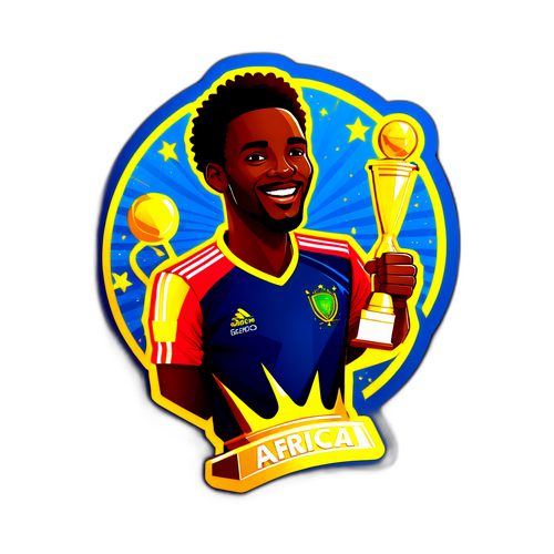 Thiết kế Cúp châu Phi với hình ảnh vui mừng của cầu thủ và cúp vàng chói sáng trên nền xanh