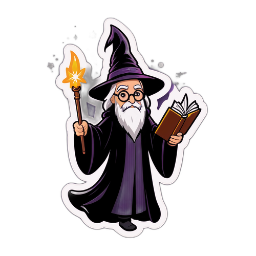 Magische sticker met een tovenaar en vliegende boeken