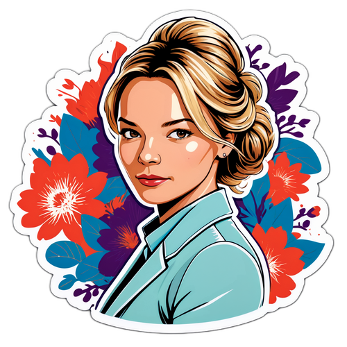 Autocollant représentant Virginie Efira avec des motifs floraux