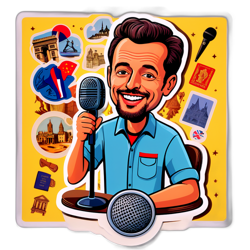 Een speelse sticker van Stephane Bern met een microfoon