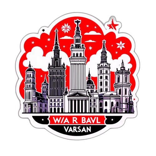 Zaproszenie na narodowe święto z grafiką przedstawiającą zabytki Warszawy i radosne obchody