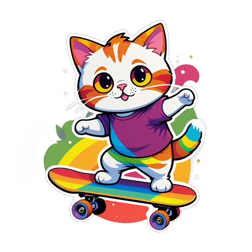 滑著彩虹滑板的可愛貓咪