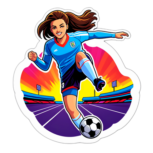 Ein dynamischer Aufkleber von Alisha Lehmann, die kickt, mit einem bunten Stadionhintergrund.