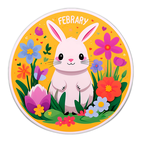 Sticker Tháng Hai với Thỏ và Hoa Xuân