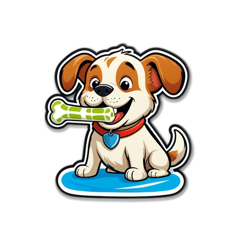 Een cartoon van een blije hond met een bot