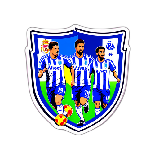 Sticker van de wedstrijd tussen Alavés en Real met vlaggen en spelers in actie
