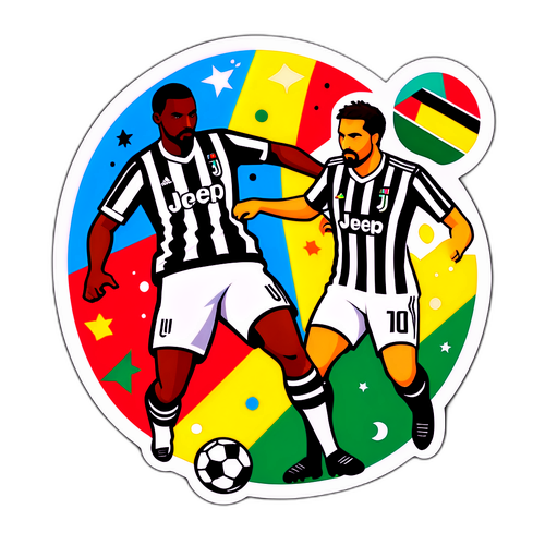 Яскравий наклейка, що зображує запекле суперництво між Пізою та Ювентусом з абстрактними футбольними елементами та командами кольорами