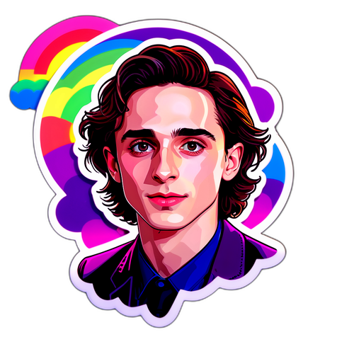 Aufkleber mit Timothée Chalamet unter einem Regenbogenlicht