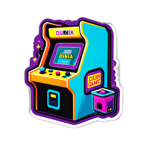 Stiker Dunia Games dengan Elemen Arcade Vintage dan Perangkat Gaming Modern