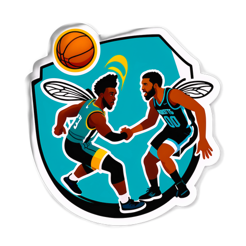 Étiquette représentant une scène dynamique de match entre les Hornets et les Magic