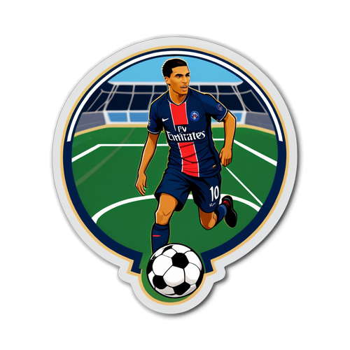 Thiết kế sticker với logo PSG và cầu thủ ghi bàn trên nền sân bóng