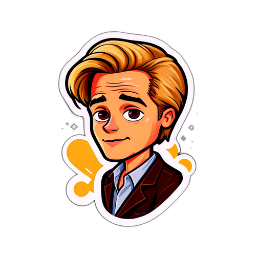 Schattig cartoon van een blonde Brad Pitt met de tekst 'Kijk naar mij'