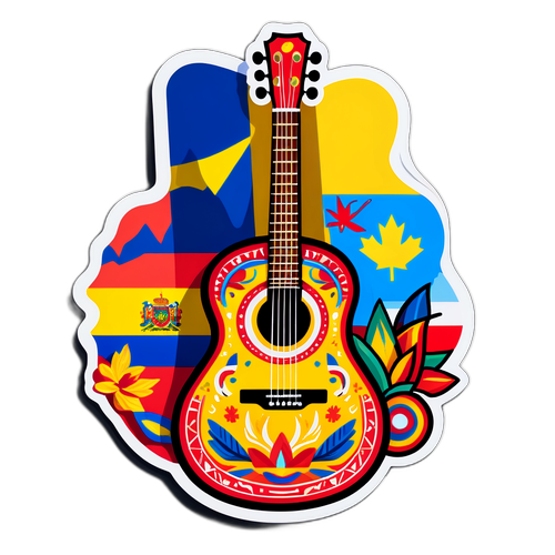 Dibujo de una guitarra con elementos de la cultura colombiana y canadiense