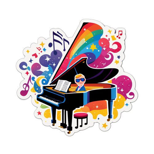 Fargerik klistremerke av Elton John ved piano