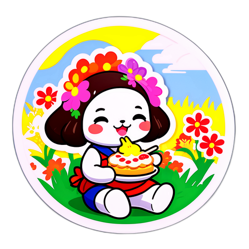 花畑でおいしそうに食べるキャラクター