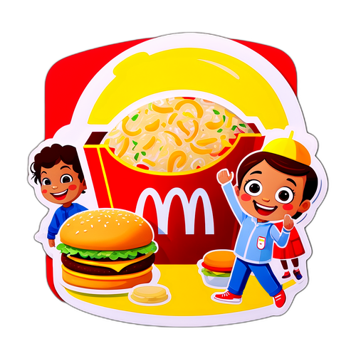Nowoczesne logo McDonald's z tłem przedstawiającym jedzenie i szczęśliwe dzieci
