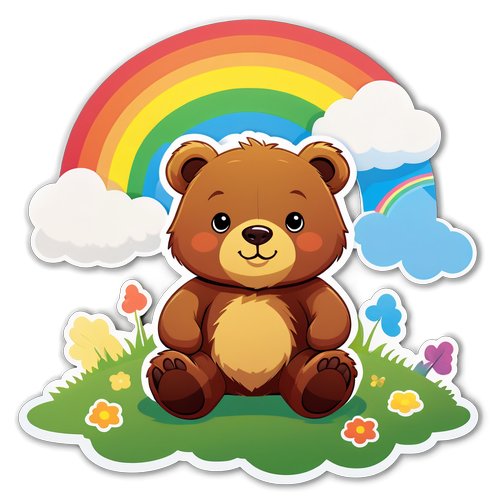 坐在草地上的彩虹下的小熊