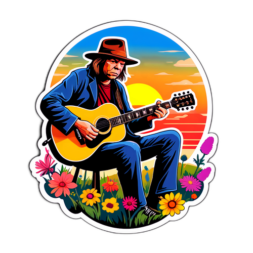 Iconische sticker van Neil Young met gitaar