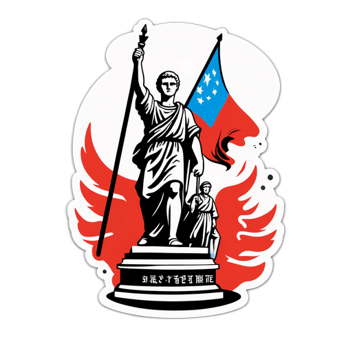 年轻人举旗，背景是英勇烈士雕像的贴纸