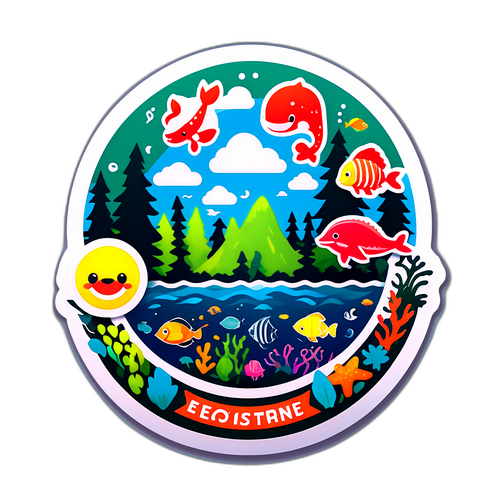 環境保護を訴えるカラフルな森と海の生き物のステッカー