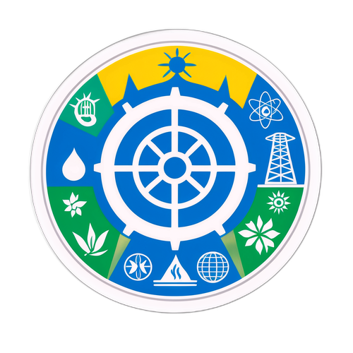 Representación del logo de la OIEA rodeado de luces brillantes y símbolos de energía renovable