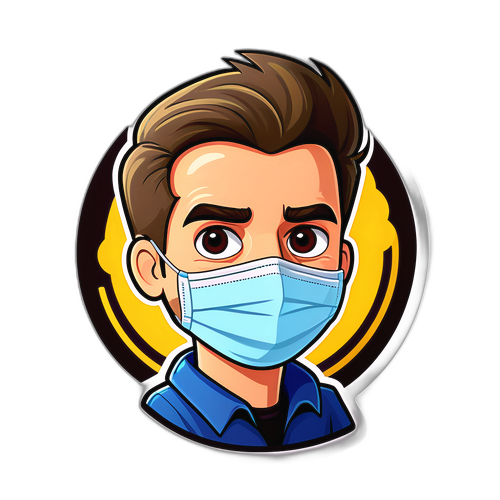 Een cartoonachtige sticker van een man met een mondmasker