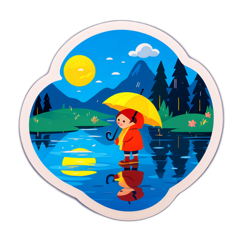 우산을 들고 비 오는 날 호수의 반상을 바라보는 캐릭터의 감정 장면