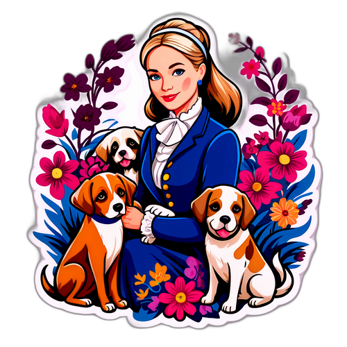 Elegant Tegning af Caroline Fleming med Hunde