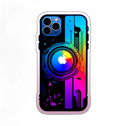 Sticker représentant un iPhone 16 Pro Max stylisé avec un fond technologique et des effets lumineux